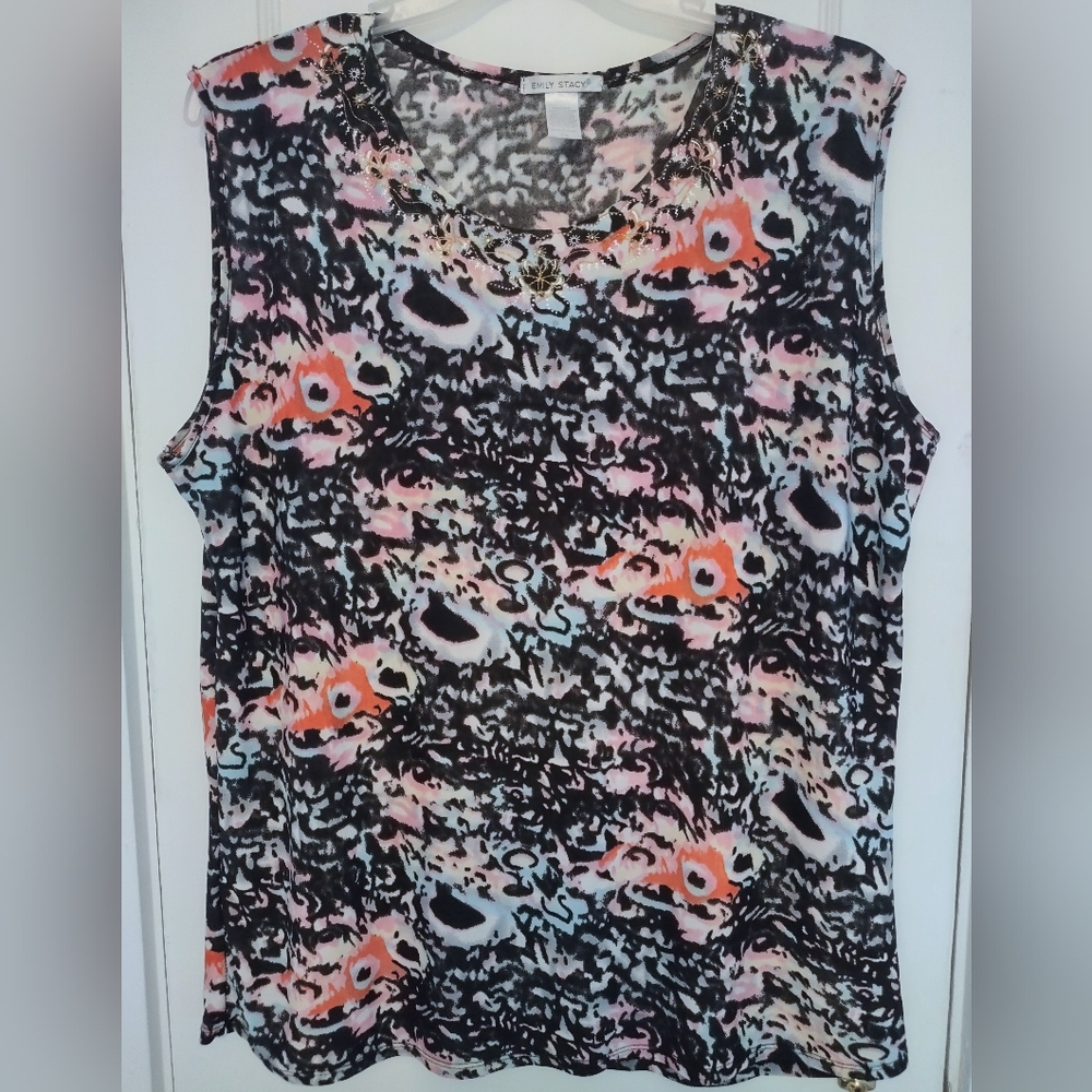 Sleeveless Black, White, Orange & Pink Embellished Sparkling Gold Accents Top